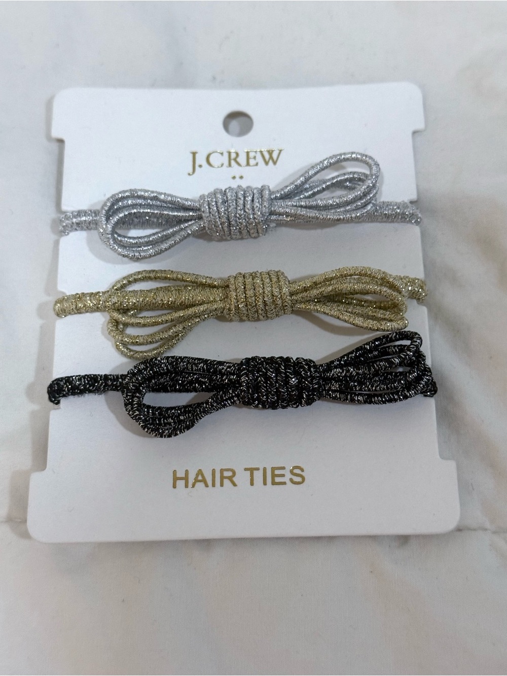 J. Crew Metallic Bow Hair Ties in Silver, Gold & Black